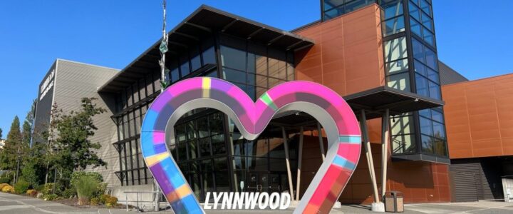 Photo of the Lynnwood event center with its iconic heart sculpture centered